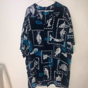 King Size Dark Blue & White‎ with Fish Logo Men's Shirt 5XL